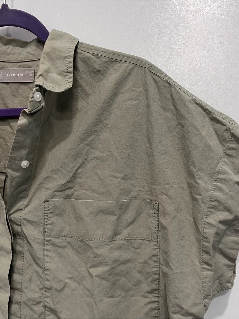 Everlane THE SHORT-SLEEVE BOXY OXFORD Olive Green Button-Up Shirt Medium Cotton - Picture 4 of 6